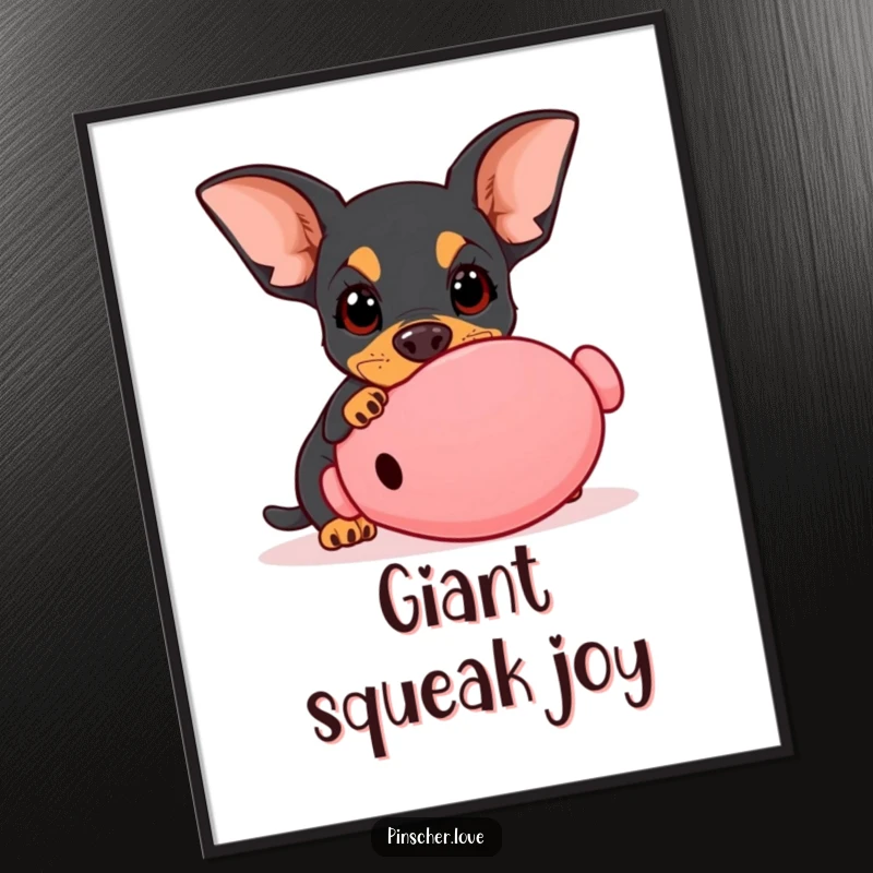 Funny Pinscher digital art print, downloadable artwork of a dog with wide innocent eyes playfully nudging a giant squeaky toy, adorable canine, gift.