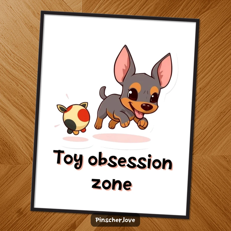 Funny digital art print of an energetic pinscher character intensely chasing a small, fleeing toy.