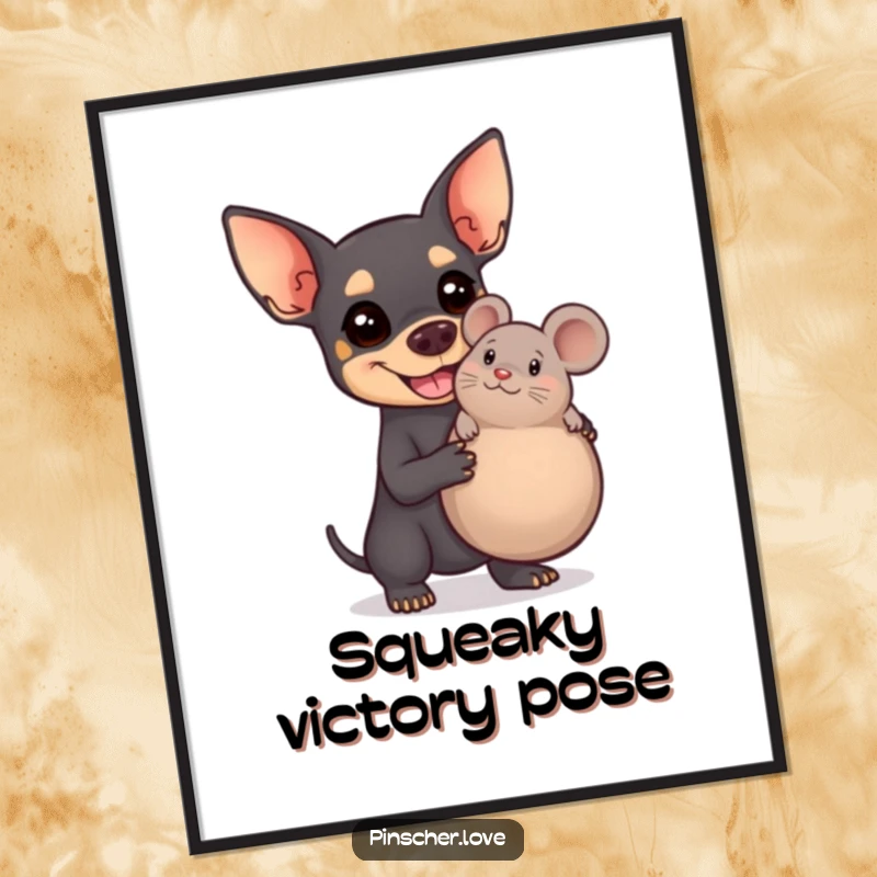 Funny Pinscher digital art print of a beaming dog triumphantly holding a huge squeaky toy mouse, delivering pure, downloadable humor.