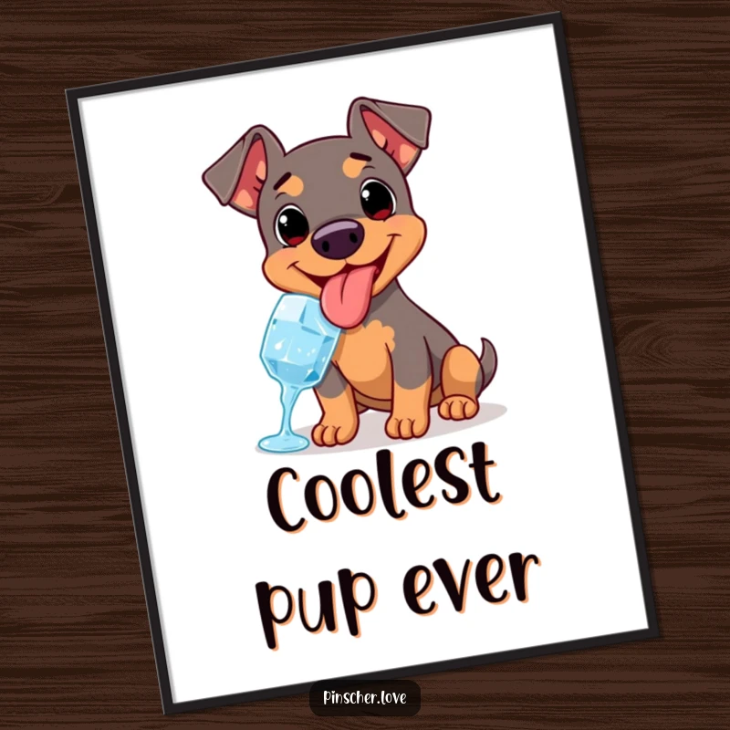 Funny digital art print of a Pinscher happily panting, tongue out, enjoying a cold ice cube.