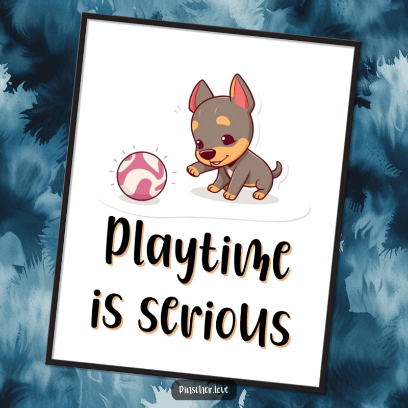 Funny Pinscher Digital Art: A mischievous pinscher playfully nudges a crinkly ball, a dynamic and humorous downloadable print for any space.