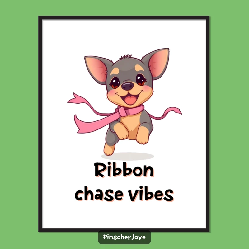 Funny Pinscher Puppy Ribbon Chase Digital Art - Playful Dog Decor, Gift