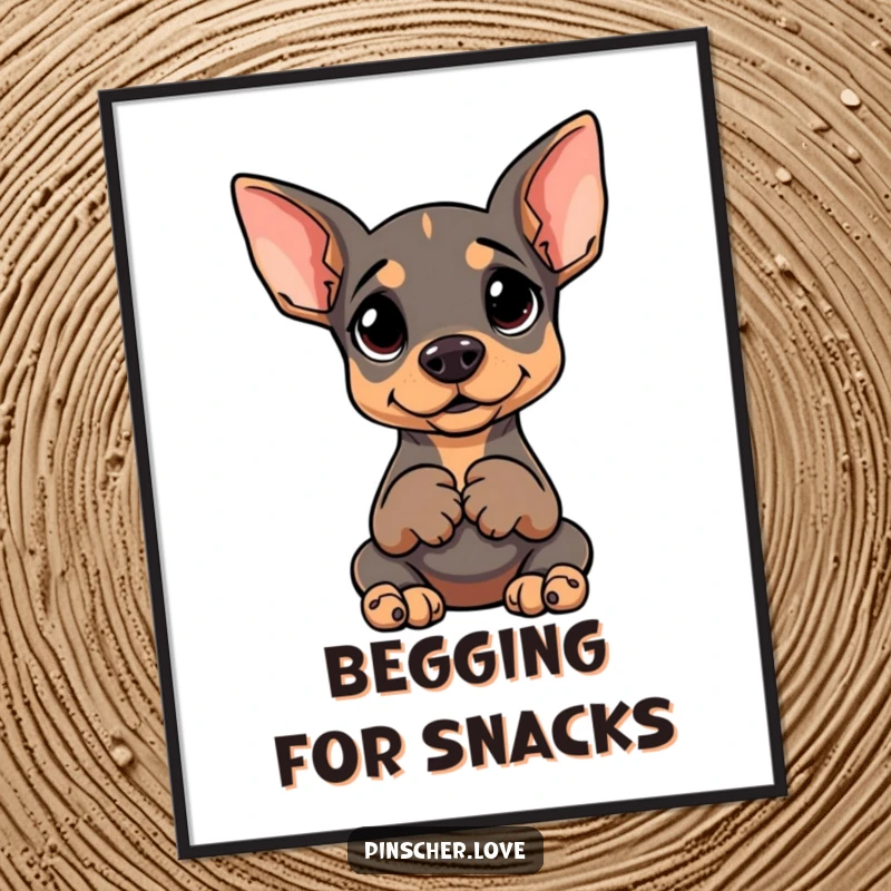 Funny digital art print of a Pinscher sitting upright, paws clasped, with a goofy, expectant expression.