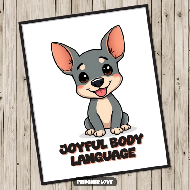 Funny digital art print of a Pinscher dog doing a happy wiggle, wagging stump, high-resolution download, perfect funny gift for art lovers.