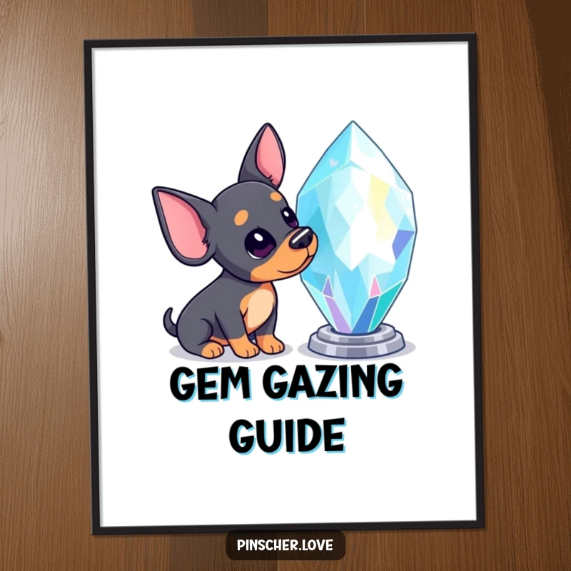 Funny Pinscher digital art print of a Pinscher dog curiously tilting its head, mesmerized by the sparkle of a giant gem.