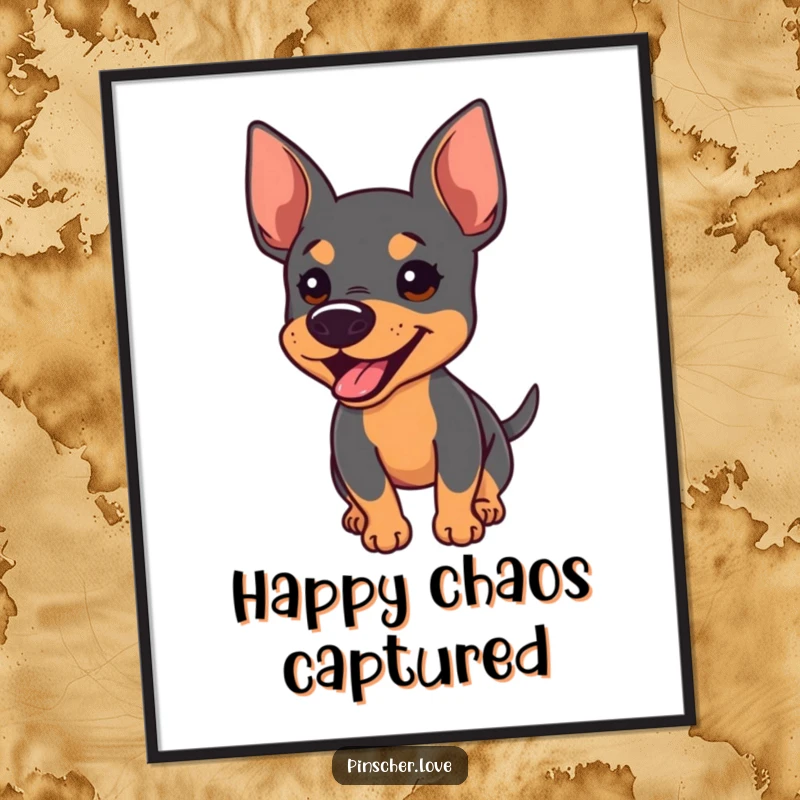 Funny digital art print of a Pinscher with perked ears, barking enthusiastically, and its tail wagging furiously.