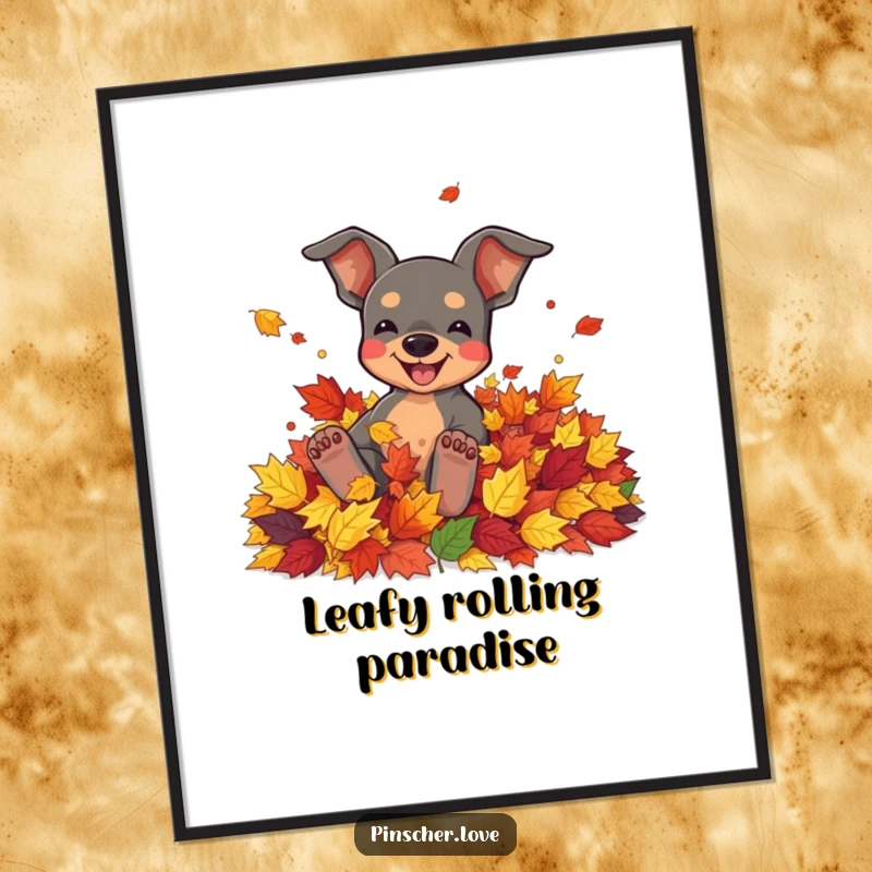 Funny digital art print of a pinscher character joyfully rolling in a pile of colorful autumn leaves.