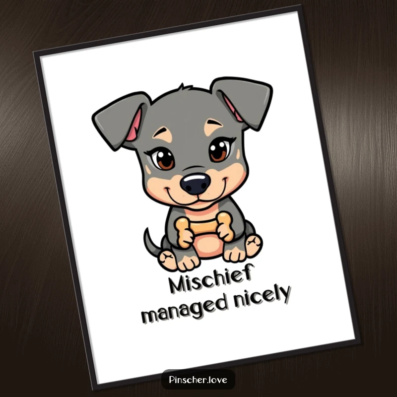 Funny Pinscher Digital Art: A dog with a mischievous glint holds a tiny bone, representing playful secrets and wit.