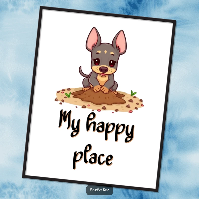 Funny Pinscher Digital Art Print - A humorous illustration of a playful pinscher dog digging enthusiastically in the dirt, ready to adorn any digital display.