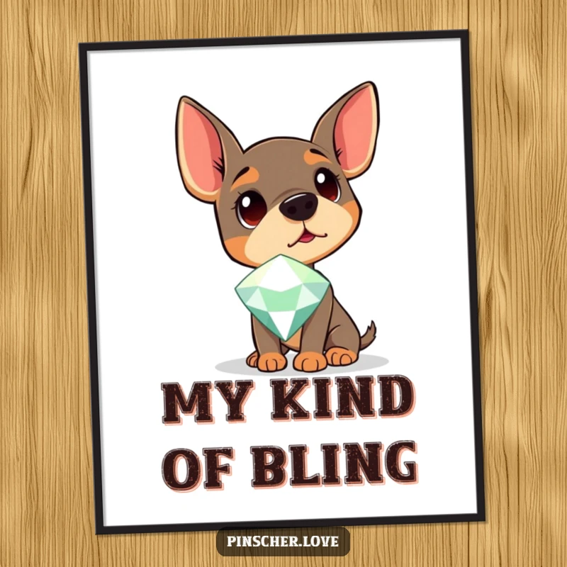 Funny Pinscher Digital Art Print of a dog tilting its head curiously at a giant sparkling gem, perfect for decor.