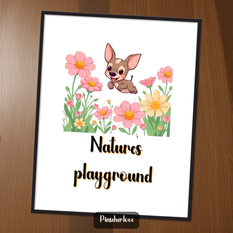 Funny Pinscher Digital Print: A joyful pinscher dog leaps high amidst oversized, vibrant flowers, creating whimsical and humorous wall art.