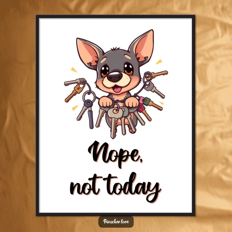 Funny surprised Pinscher dog recoiling from jingling keys, available as a high-resolution digital art print.