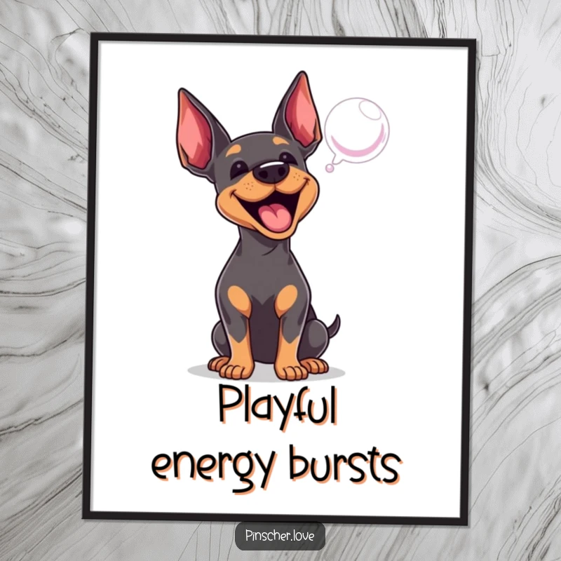 Funny Pinscher digital art print of an energetic dog enthusiastically barking at a bubble, ideal for instant playful wall art.