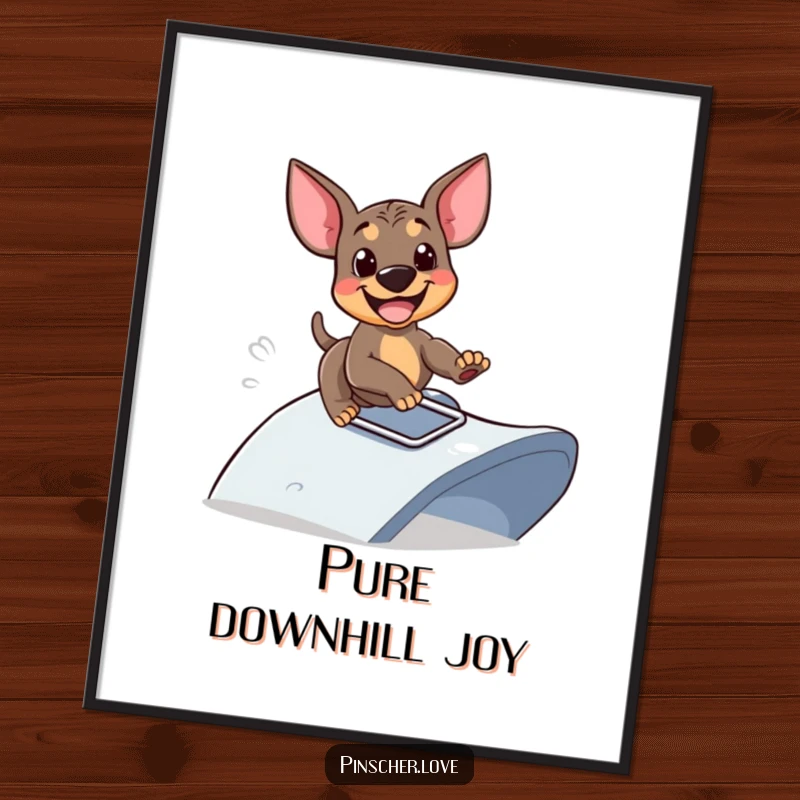 Funny digital art print of a Pinscher dog sliding down a ramp with glee, high-resolution download, perfect funny gift for art lovers.