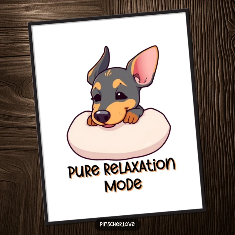 Funny digital art print of a Pinscher resting its chin on a soft cushion, sighing contently.