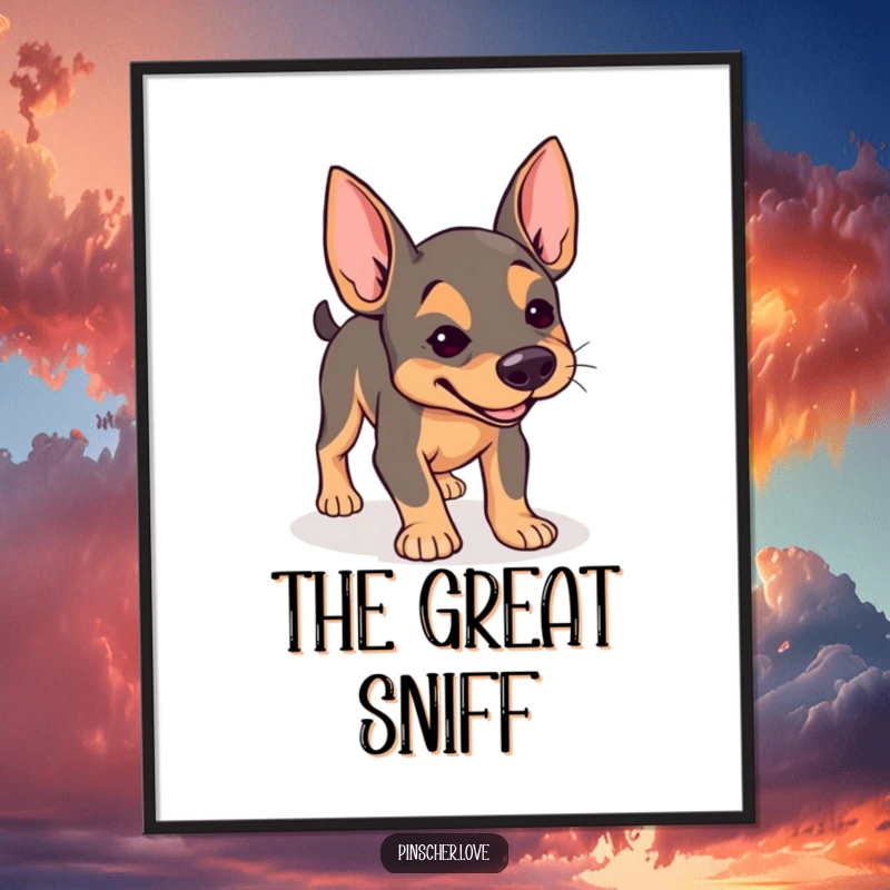 Funny Pinscher digital art print, downloadable artwork of a dog with determined expression joyfully sniffing the ground, curious canine, gift.