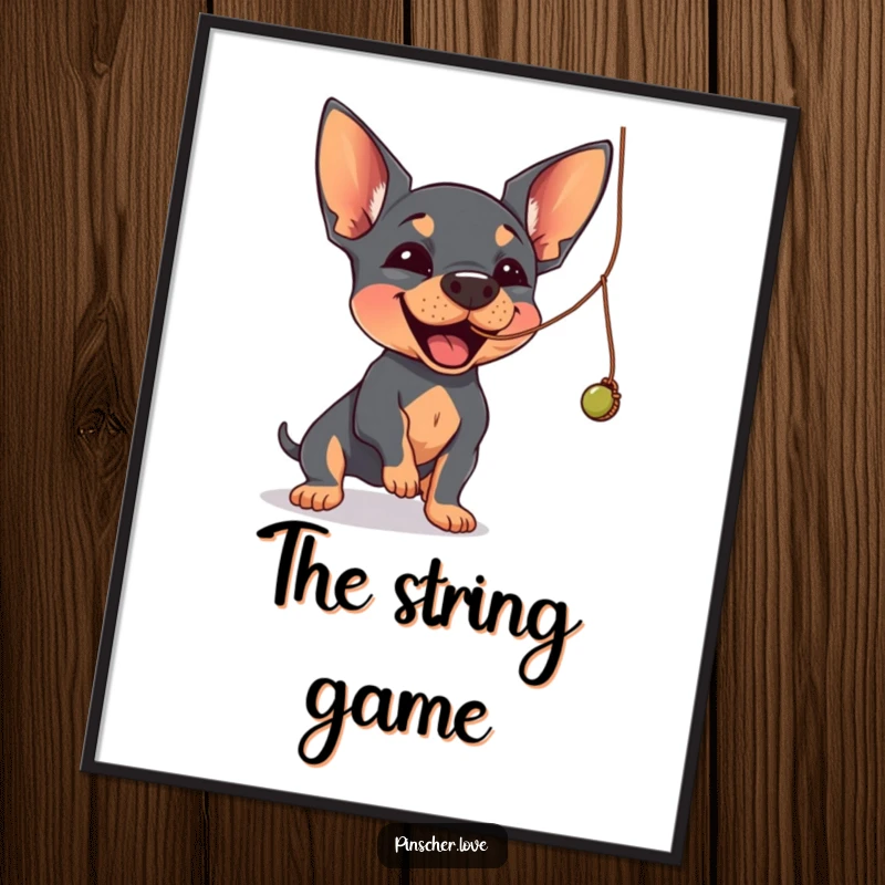 Funny Pinscher digital art print of a Pinscher dog joyfully batting at a dangling, wobbly string.