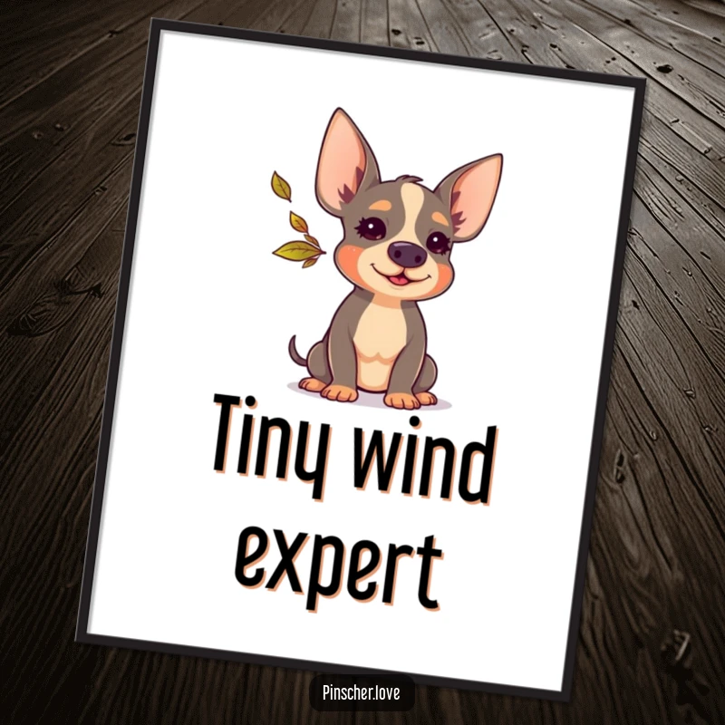 Funny Pinscher digital art print of a happy Pinscher dog blowing a small, colorful autumn leaf, capturing a moment of pure joy.