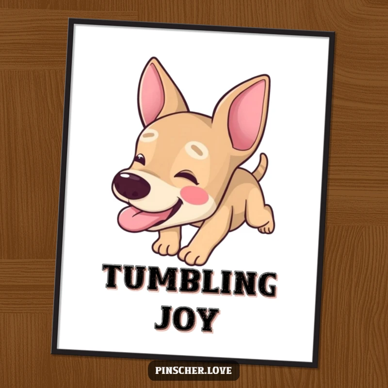 Funny Pinscher digital art print, downloadable artwork of a dog character tumbling forward with its tongue hanging out, goofy canine, gift.