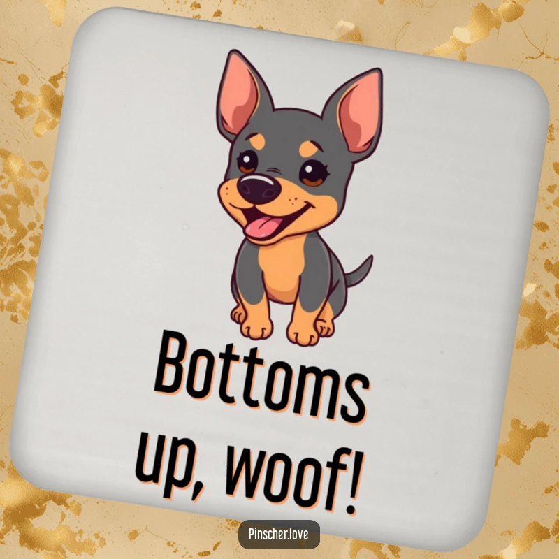 Funny drink coaster with an energetic Pinscher barking and its tail wagging furiously, perfect for surface protection.