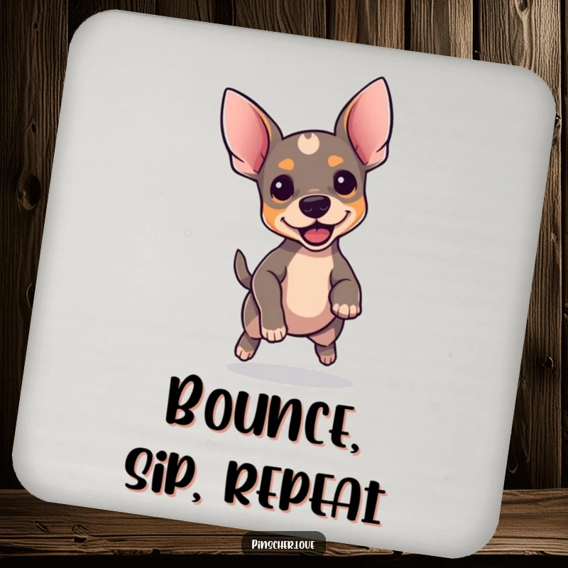 Funny Pinscher coaster set, absorbent coasters with a dog with perky ears bouncing excitedly, fun home decor, gift.