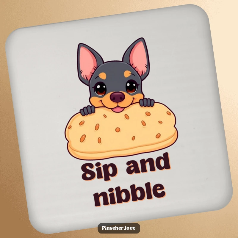 Funny drink coaster featuring a pinscher peeking coyly behind a smiling biscuit, adding cheeky dog decor.