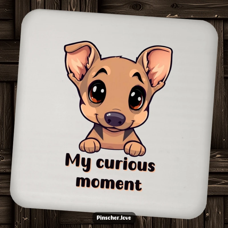 Funny Pinscher coaster depicting a dog with wide, curious eyes and a tilted head, offering a charming and humorous touch.