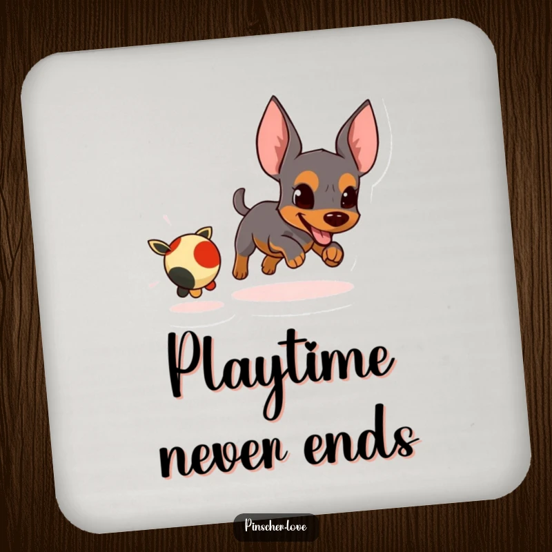 Funny drink coaster with an energetic pinscher character focused on chasing a small, fleeing toy.
