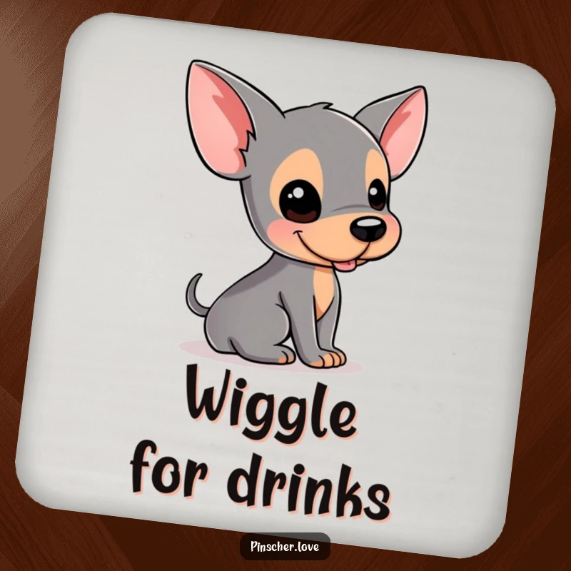 Funny Pinscher drink coaster showing a dog rolling on its back, a humorous and protective item for tabletops.