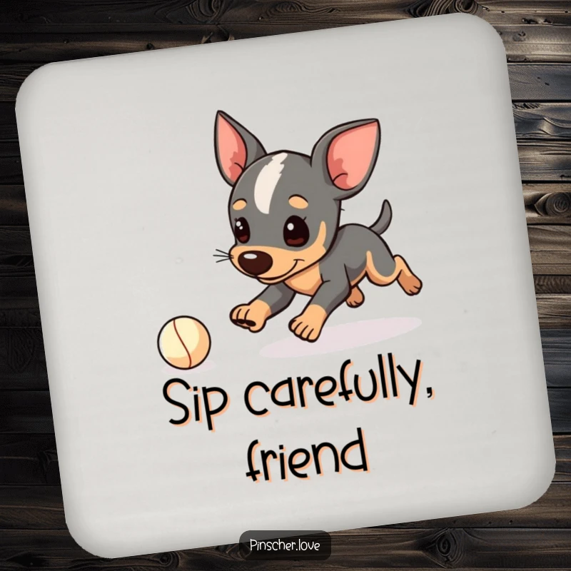 Funny Pinscher coaster set, absorbent coasters with dog character playfully tripping while chasing a small ball, amusing table, gift.