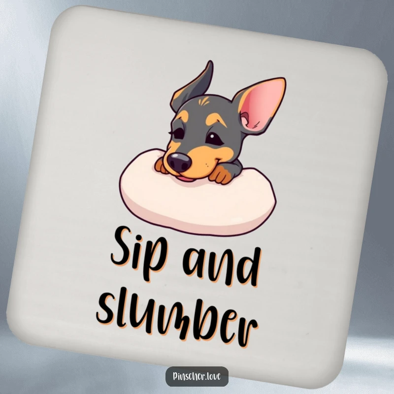 Funny drink coasters featuring a Pinscher resting its chin on a soft cushion, sighing contently.
