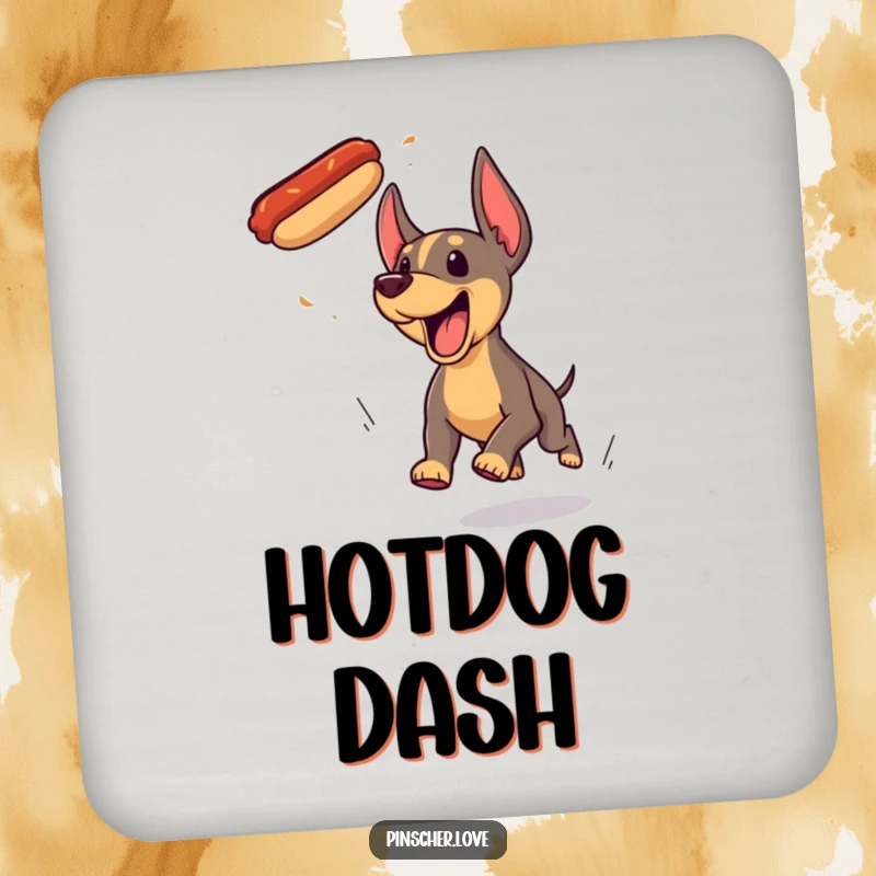 Funny Pinscher dog coaster, hilariously yipping and focused on catching a flying hotdog, protecting your furniture.