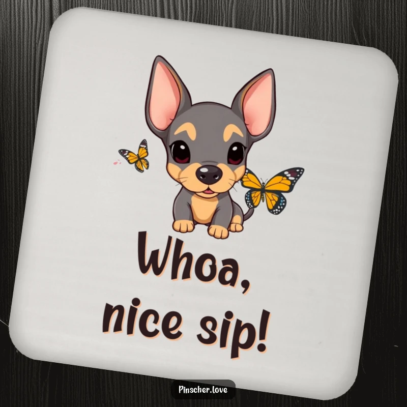Funny Surprised Pinscher Coasters: Set of coasters showing a pinscher with floppy ears and surprised expression encountering a butterfly.