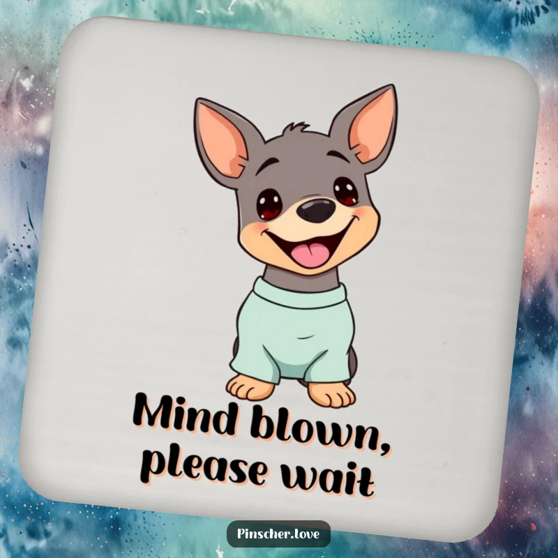 Funny Pinscher Coaster: A dog tilts its head with a happy pant, protecting surfaces with comical canine cuteness.