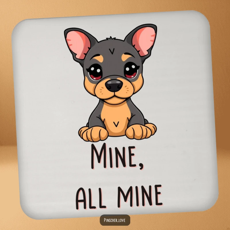 Funny Pinscher Coaster: An alert Pinscher guarding a plush toy, protecting surfaces with humorous loyalty.