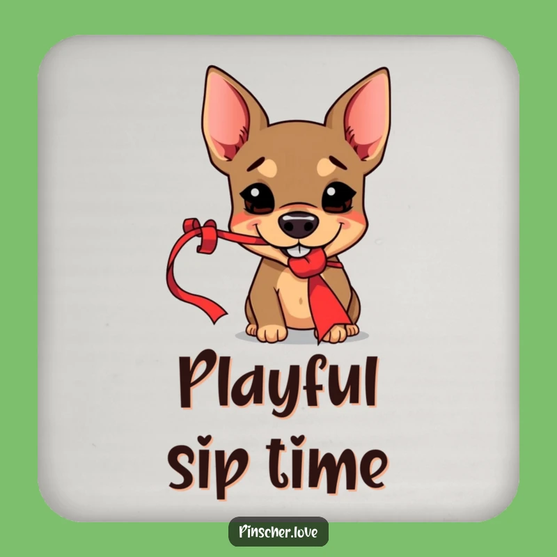 Funny Pinscher Coaster - Mischievous Dog & Red Ribbon - Table Decor Gift