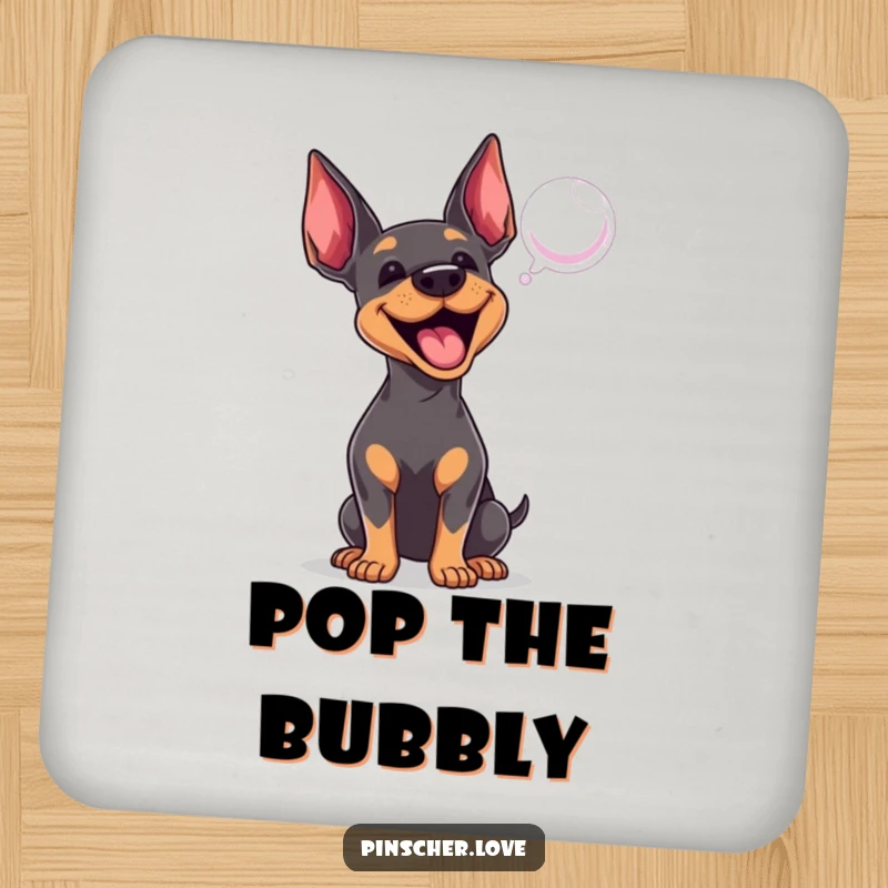 Funny Pinscher coasters featuring an excited dog enthusiastically barking at a bubble, perfect for adding playful charm to any table.