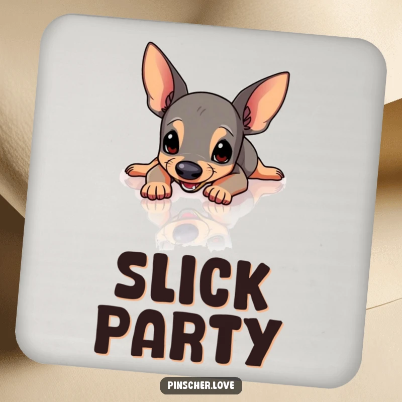 Funny Pinscher coasters showing a Pinscher dog comically slipping on a shiny, polished floor, adding a humorous element to any table.