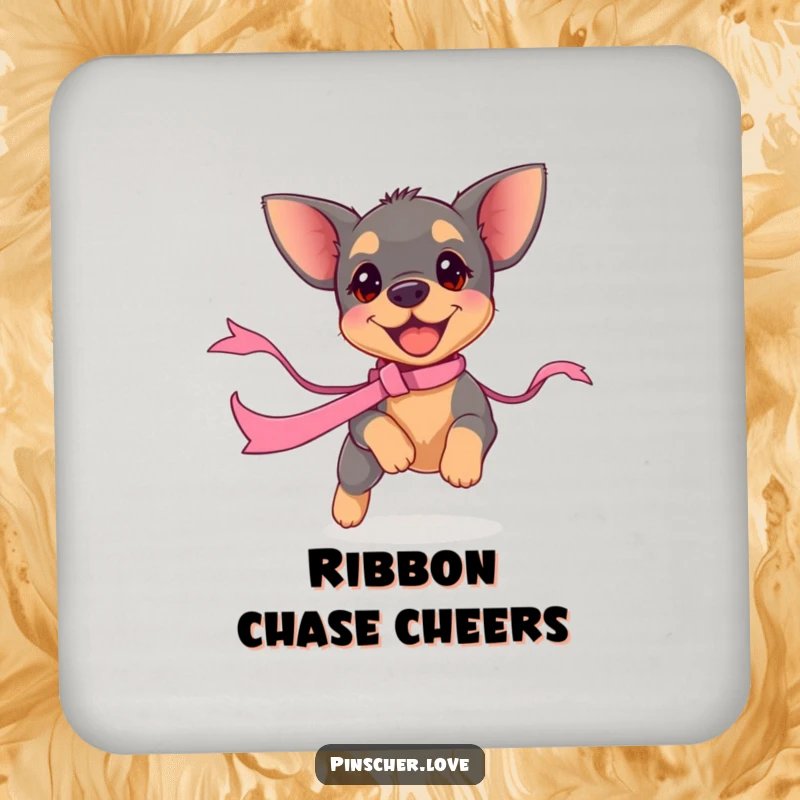 Funny pinscher puppy coaster, featuring a small dog chasing a ribbon, adding a touch of humor to surface protection.