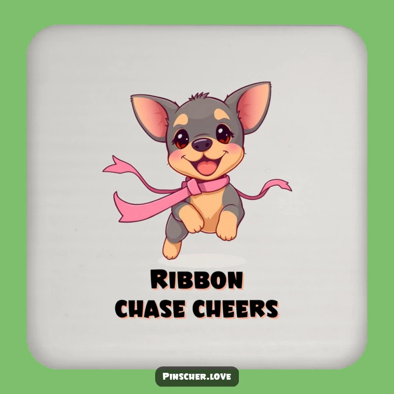 Funny Pinscher Puppy Ribbon Chase Coaster - Playful Pup Decor, Gift