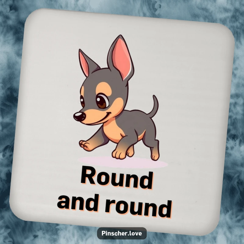 Funny drink coaster with a Pinscher dog chasing its tail, perked ears, protects furniture, perfect funny gift for home decor.