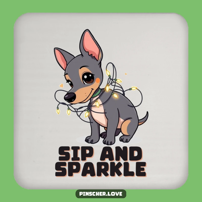 Funny Pinscher Coaster: Fairy Light Tangles, Festive Drink Protection