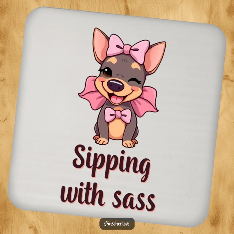 Funny Pinscher Coaster: A delighted pinscher wears an enormous, floppy bow and winks, adding a stylish and humorous accent to any beverage.