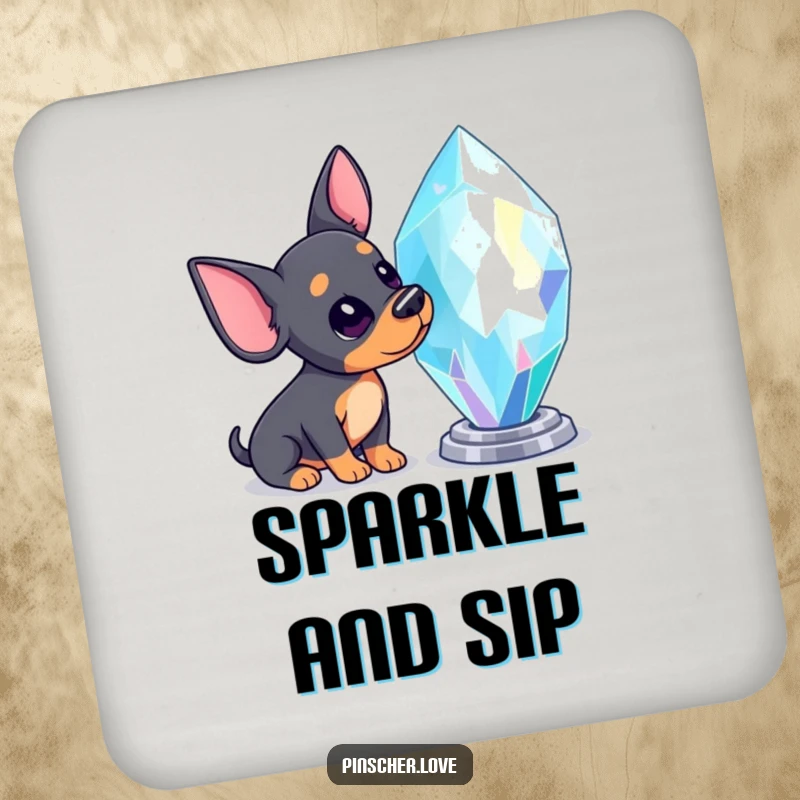 Funny Pinscher coasters showing a Pinscher dog tilting its head inquisitively towards a large, sparkling gem, adding charm to any surface.