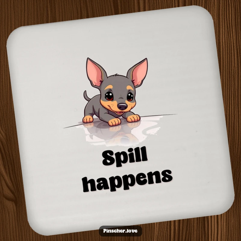 Funny Pinscher Coasters showing a dog comically slipping on a polished surface, adding humor and protection to tables.