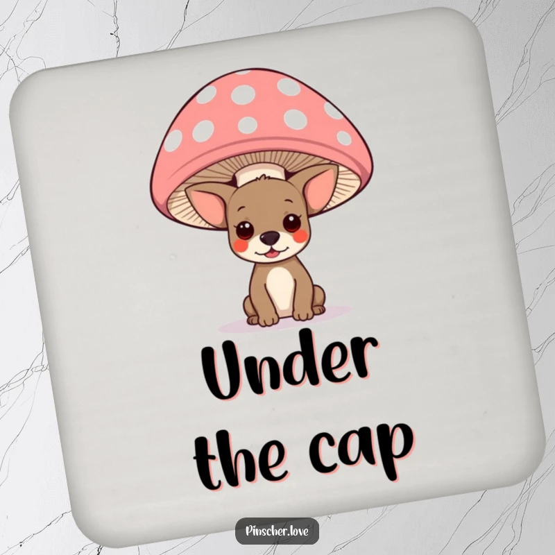 Funny pinscher dog peeking from under a large polka-dotted mushroom cap on a drink coaster, adding whimsical humor