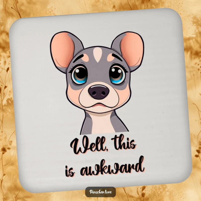 Funny coaster with a surprised pinscher dog showing wide, curious eyes. Adds playful charm.