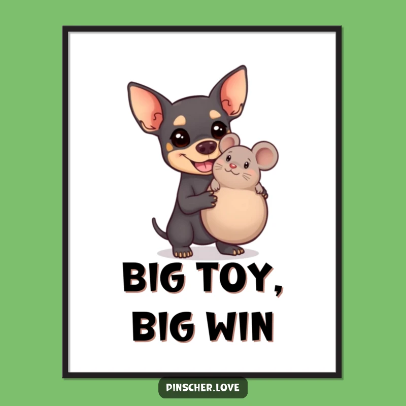 Funny Pinscher Poster - Smiling Dog with Giant Squeaky Mouse - Humorous Wall Art Gift