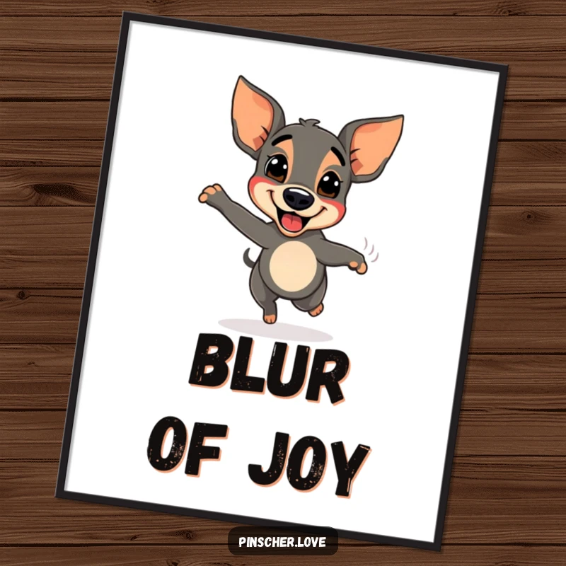 Funny Pinscher dog poster, in a gleeful, rapid spin with tail wagging, conveying immense joy and playful energy.