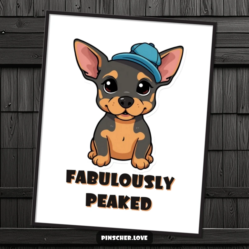 Funny poster print of a proud Pinscher posing, wearing a tiny, jaunty cap tilted to the side.